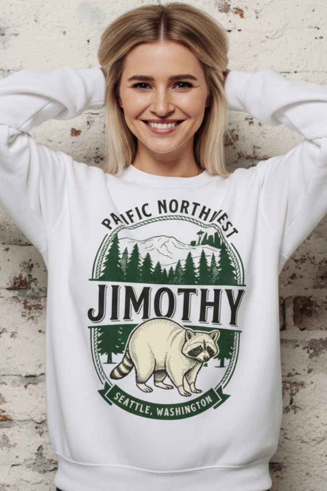 A woman wearing a white crewneck sweatshirt with a green and beige graphic of a raccoon, mountains, and trees, with the text 'PACIFIC NORTHWEST JIMOTHY SEATTLE, WASHINGTON'.